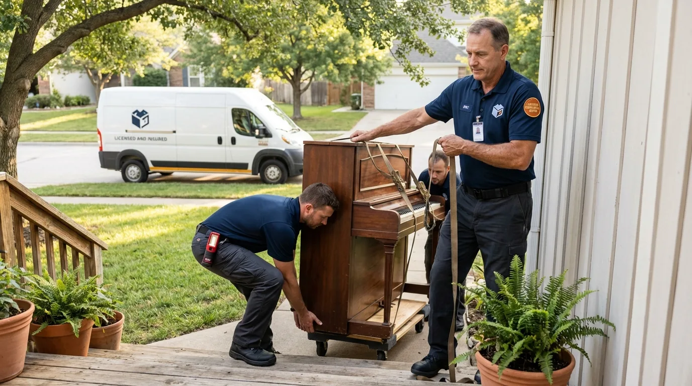 Licensed piano movers securing grand piano in Carson, WA